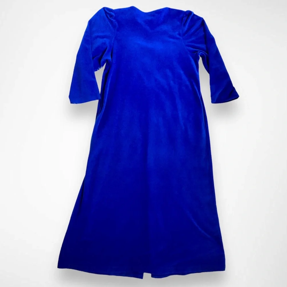 Vanity Fair Vintage Dark Blue Embroidered Long House Coat Pockets Button Up Soft